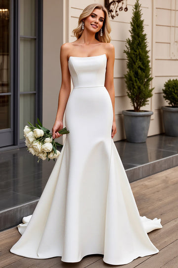 Elegant Strapless Mermaid Ivory Satin Wedding Dress